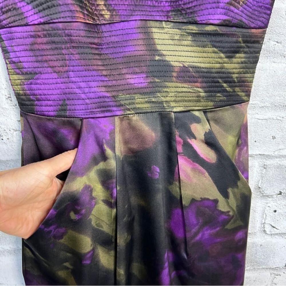 Vintage 90s Black Purple Floral 100% Silk Corset Cocktail Bodycon Party Dress - Picture 5 of 12